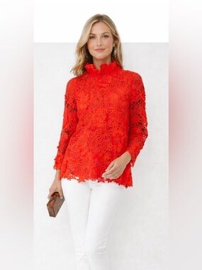 TUCKERNUCK Red Guipure Lace Faye Blouse High Neck Tie Back Size Small